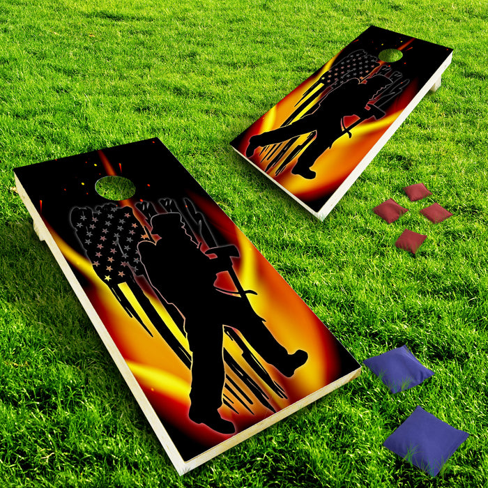 Firefighter Silhouette Flag and Flames Cornhole Board
