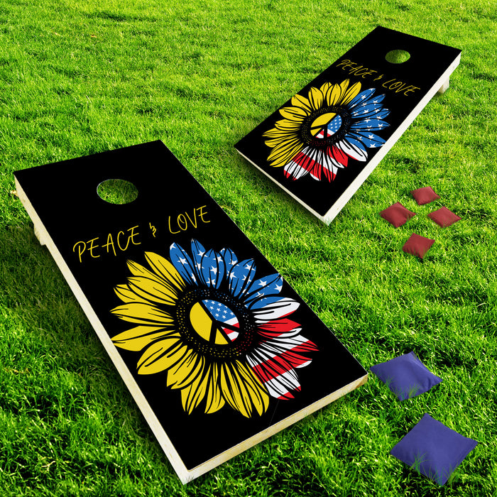 Peace & Love Sunflower American Flag Cornhole Board